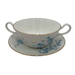 Berkshire English Bone China Blue Floral Double Handle Soup Bowl & Saucer Set